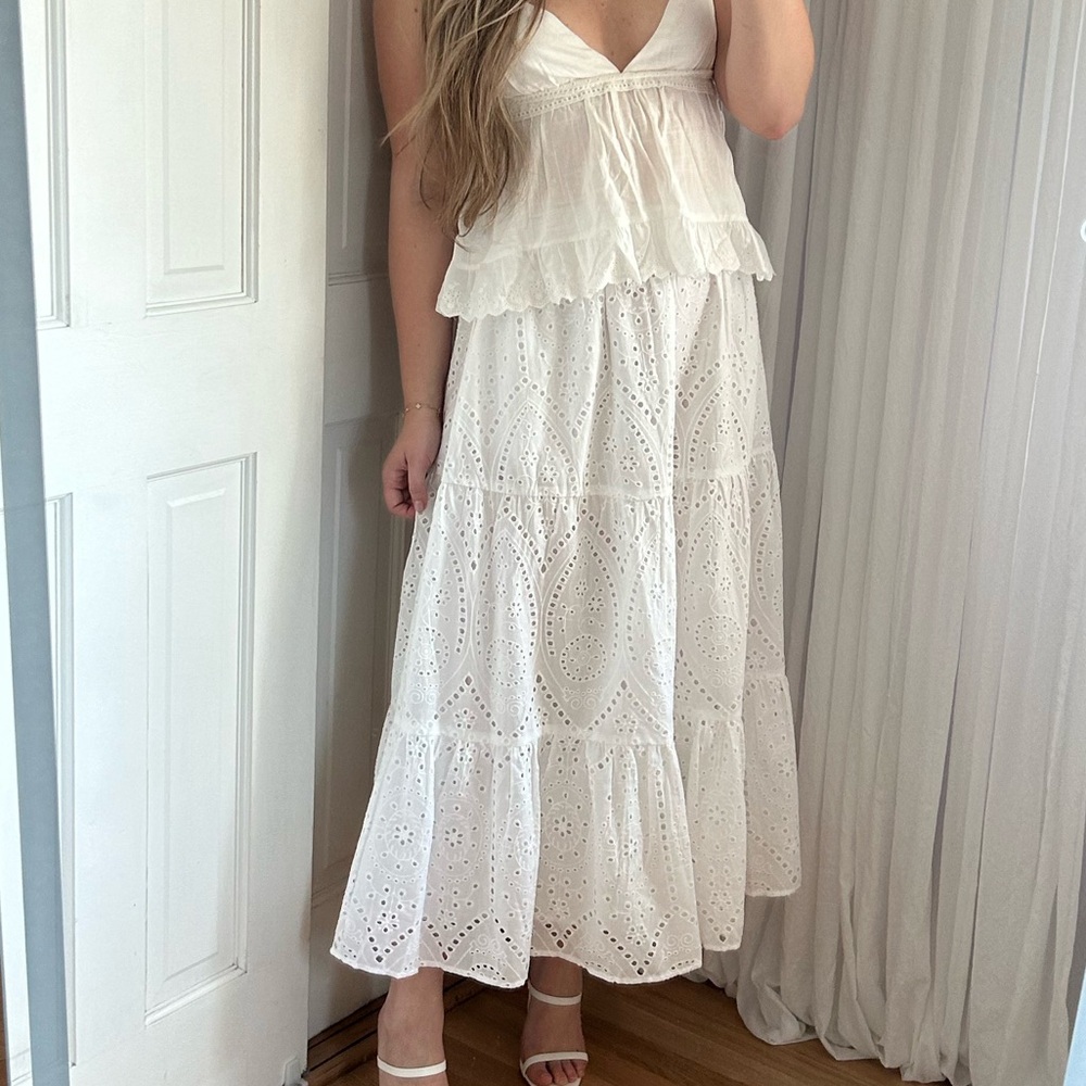 White Eyelet Embroidered Cotton Midi Skirt